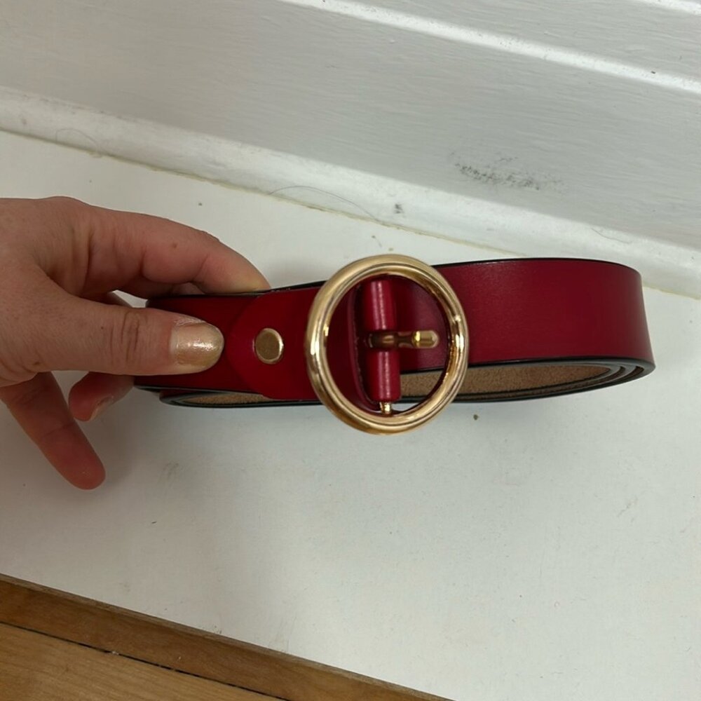 Red leather belt with round gold buckle size large